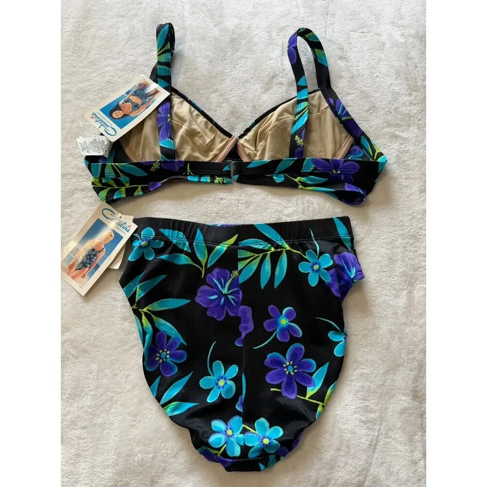 VTG NWT Catalina Floral Bikini Set Black Blue Tropical High Waist Size M/1X (XL)